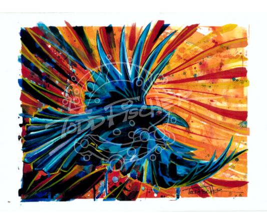 Todd Fischer Art print of a glorious crow mid flight against a bright red and orange background that shows movement throughout the piece.