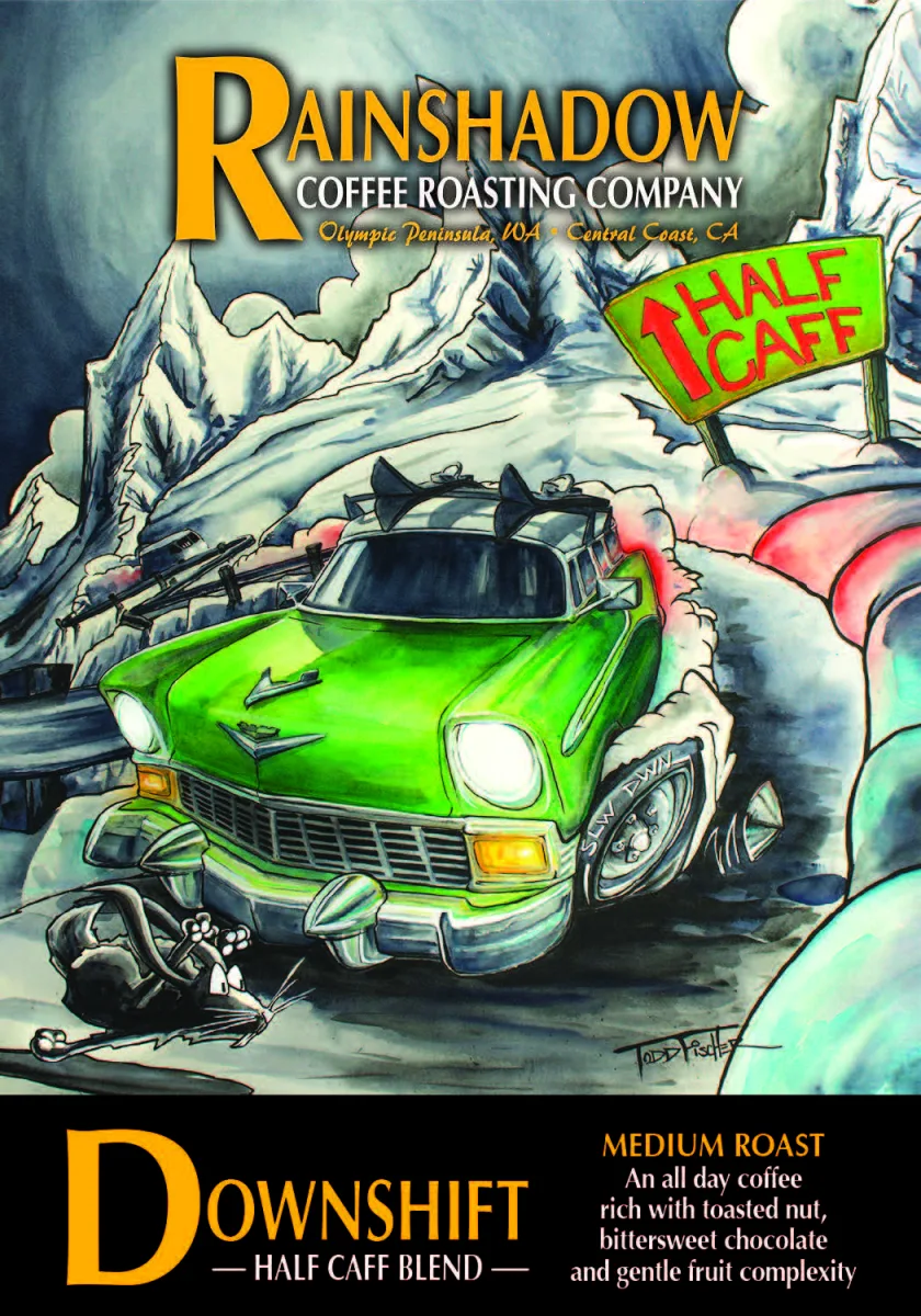 Downshift - Half Caff Blend packaging featuring artwork by Todd Fischer