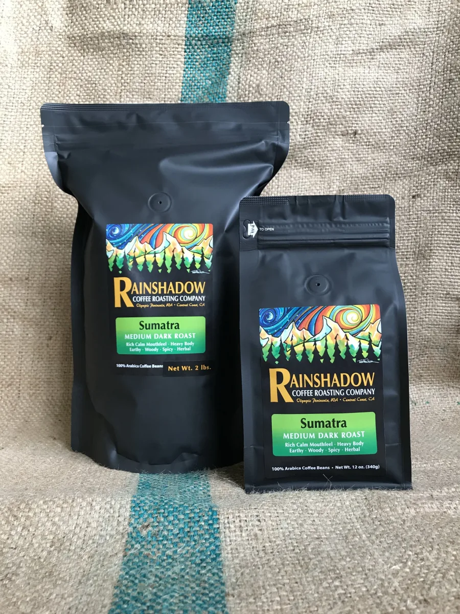 Sumatra - Medium Dark Roast packaging featuring artwork by Todd Fischer